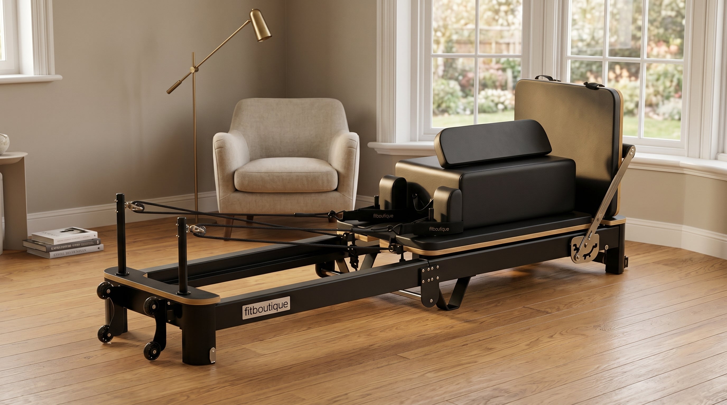 FitBoutique Ivory foldable reformer in a warm neutral living room