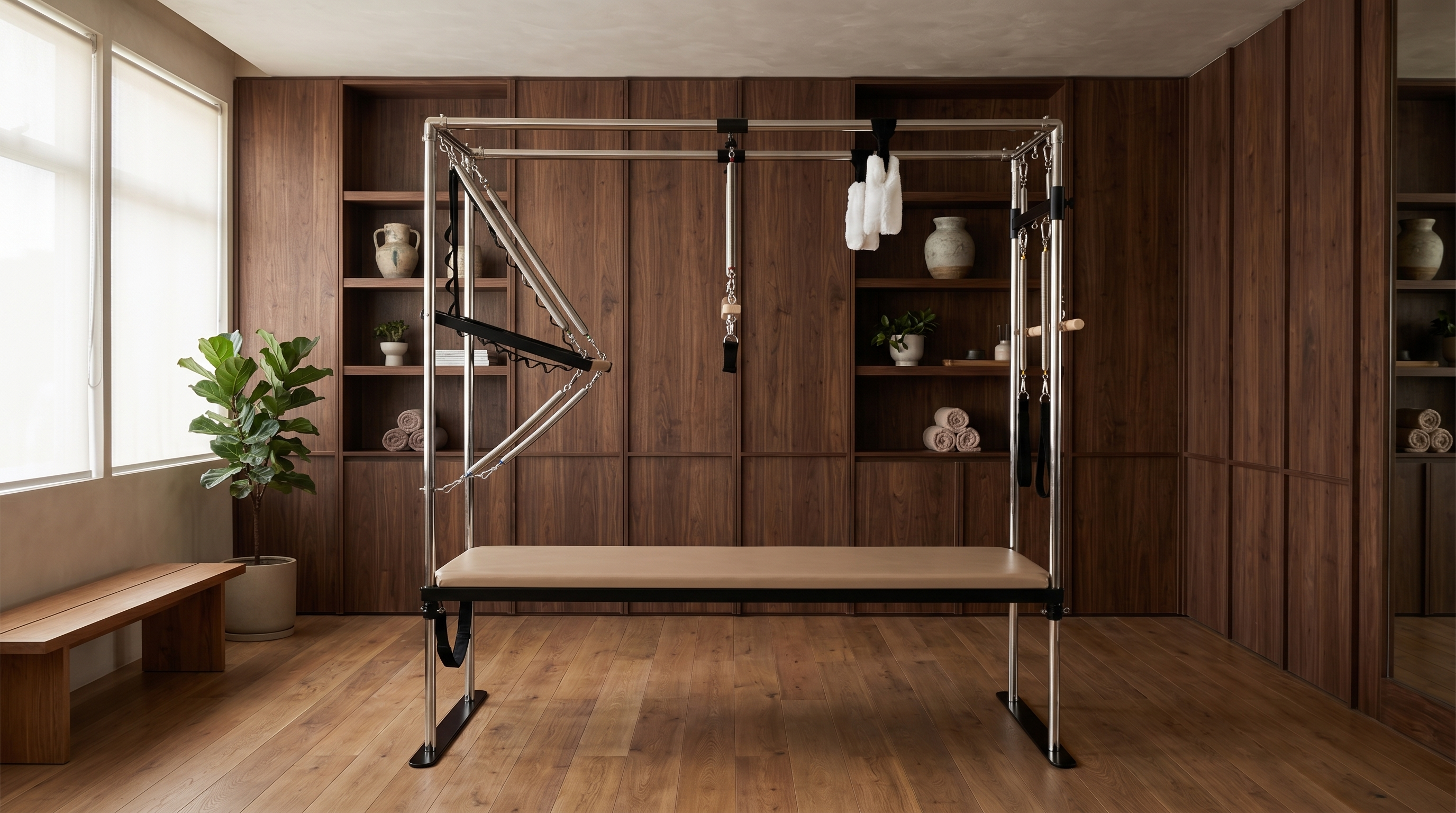 FitBoutique Cadillac reformer with tower frame in a premium Pilates studio